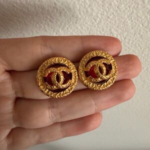 ✨ Vintage Chanel CC Stud Earrings Red & Gold ❤️